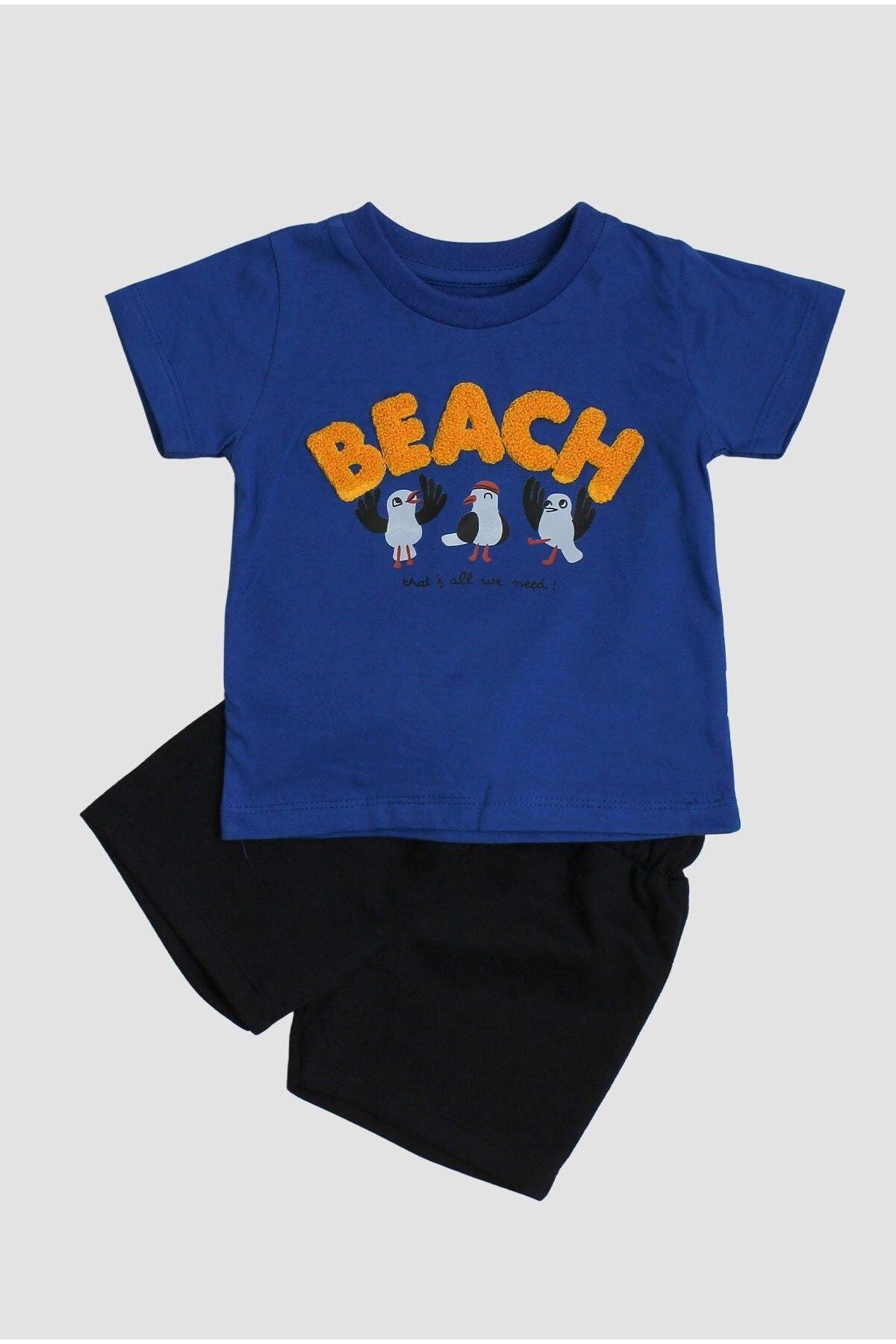 Erkek Bebek Beach Nakışlı Kuş Baskı Desenli 2'li Alt Üst Takım